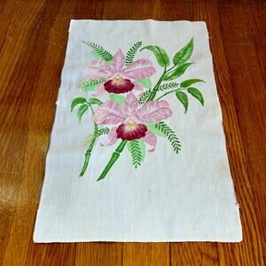 Vintage Hand Painted floral Pink Iris Artwork on Cotton